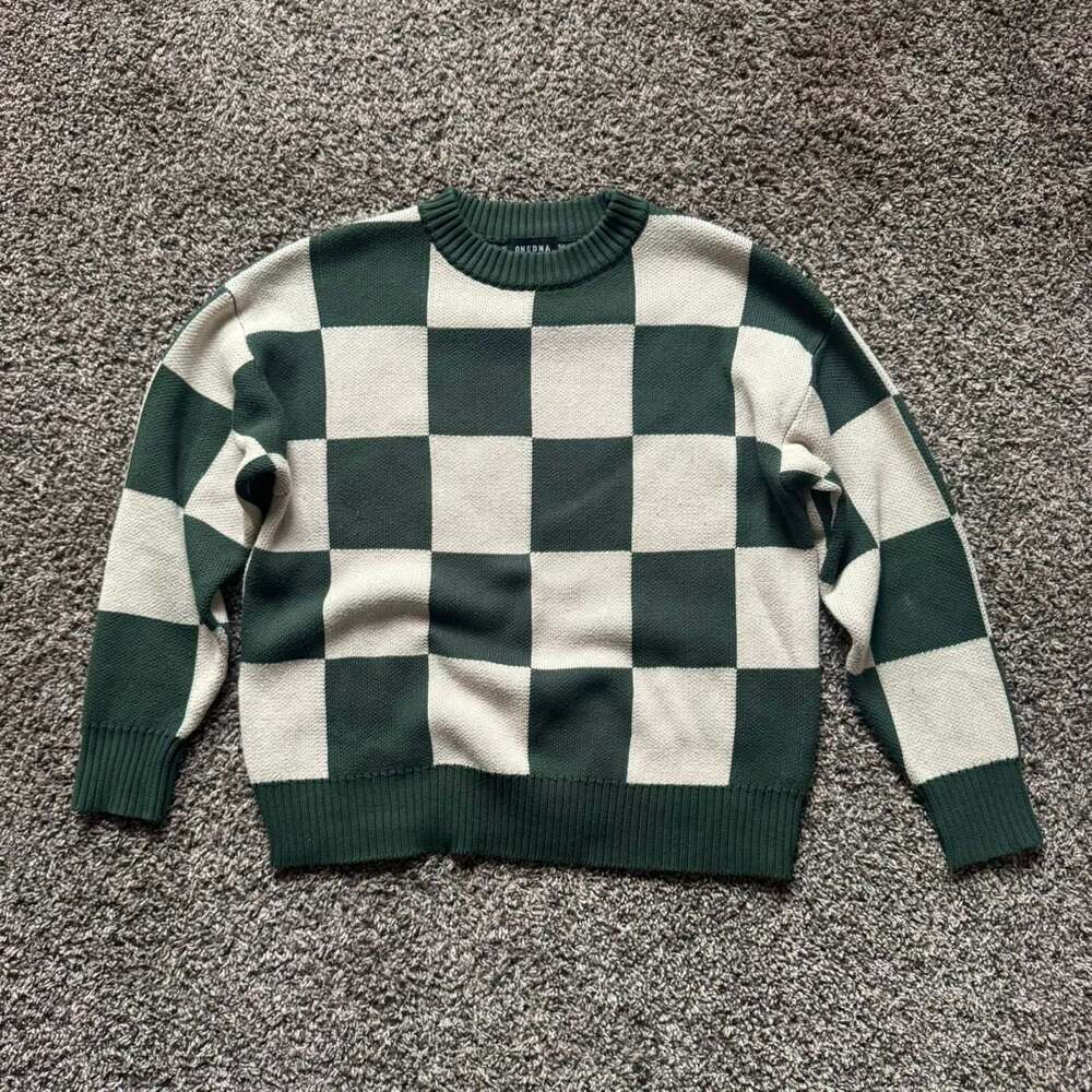 ONEDNA Green and Cream Checkered Retro Knit Sweater